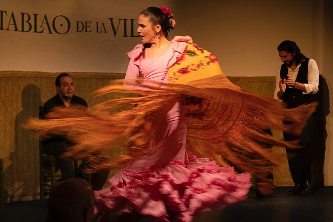 A flamenco dancer mid-turn under stage light